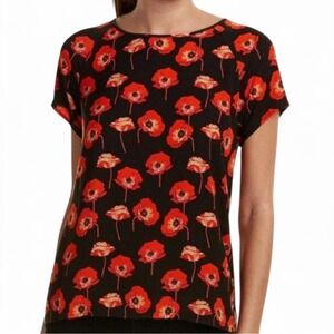 Women's Size Small Black Blouse Bold Red Floral Poppy Short Sleeve Split Back
